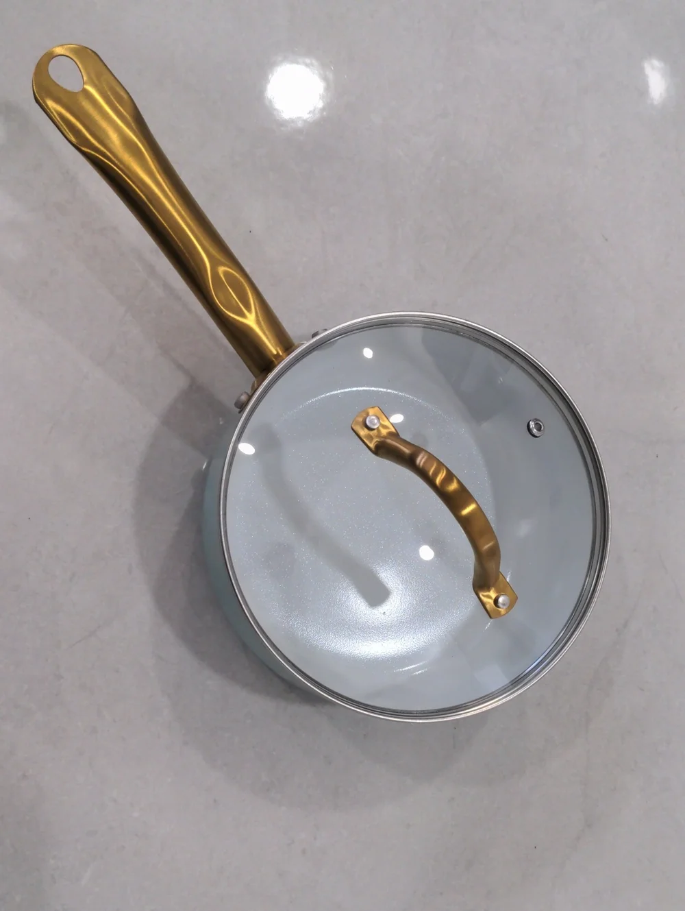 Ceramic-Interior Saucepan with Gold-Tone Handle - White Interior, Aqua Exterior